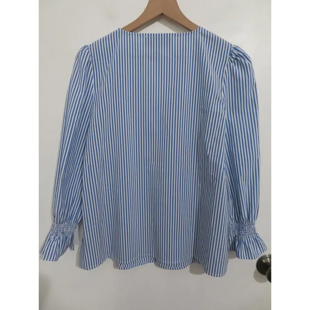 Tuckernuck Sz S Blue White Striped Easton Striped V Neck Blouse Long Puff Sleeve